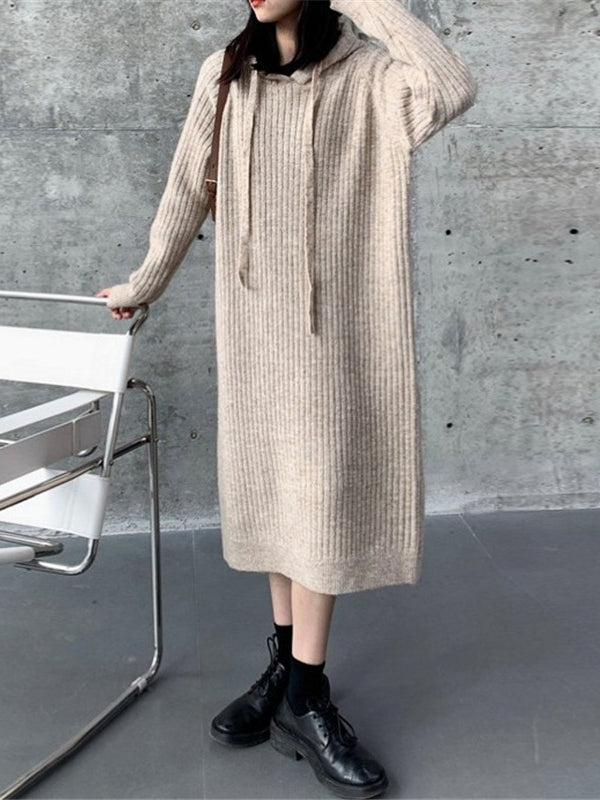 Simple Solid Color Hooded Sweater Dress