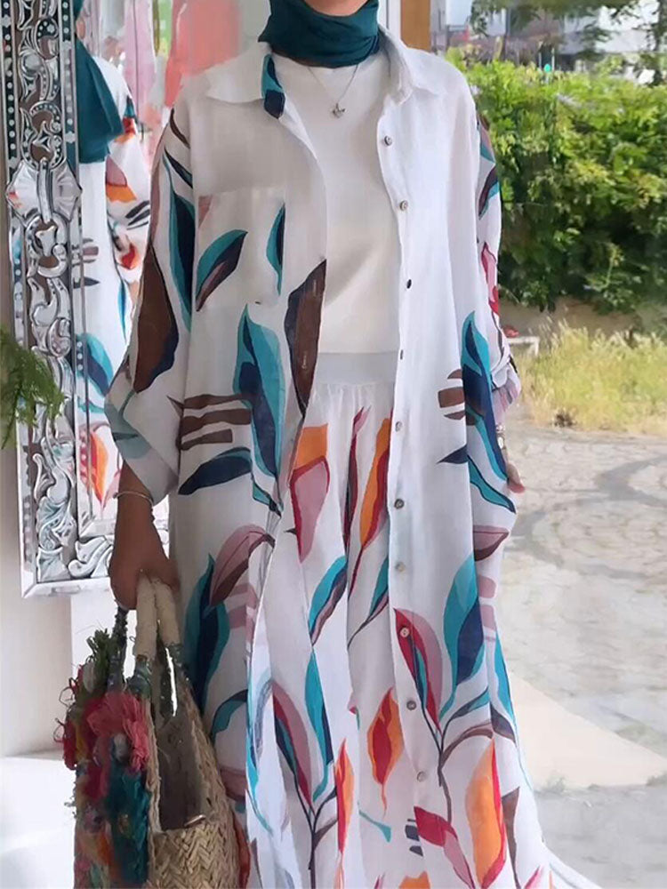 Casual Floral Printing  Long Cardigan Wide-leg Trouser Suit