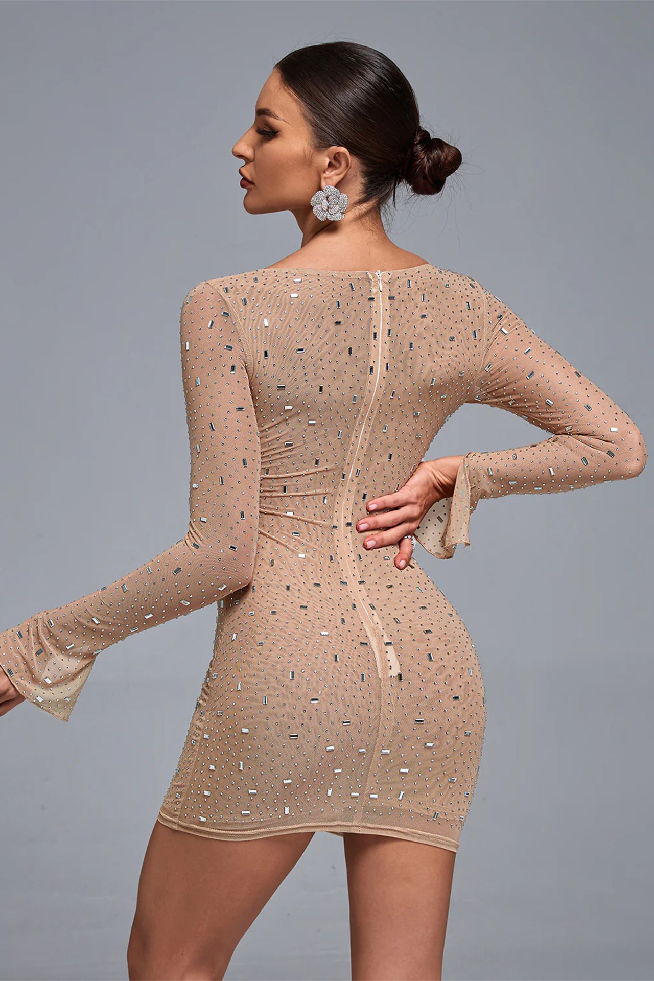 Sheer Embellished Long Sleeve Mini Dress