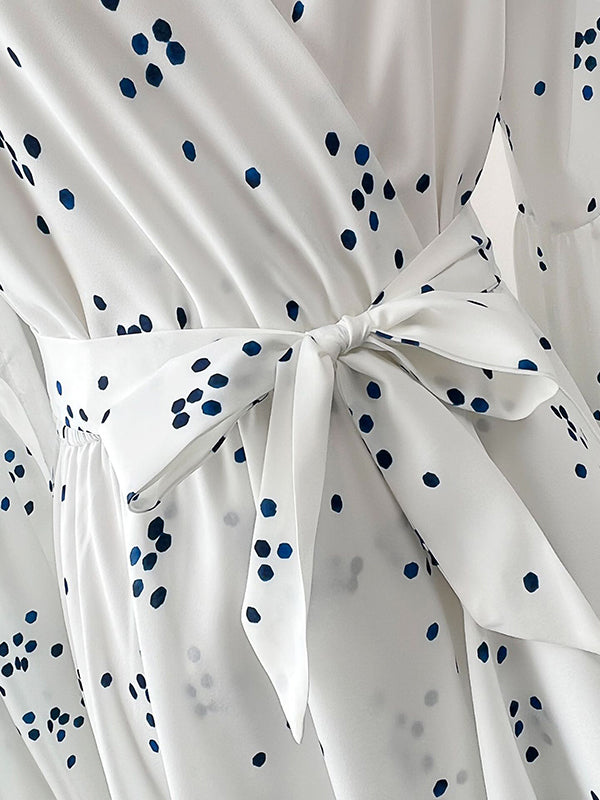 High Waisted High-Low Pleated Polka-Dot Tied Waist V-Neck Maxi Dresses