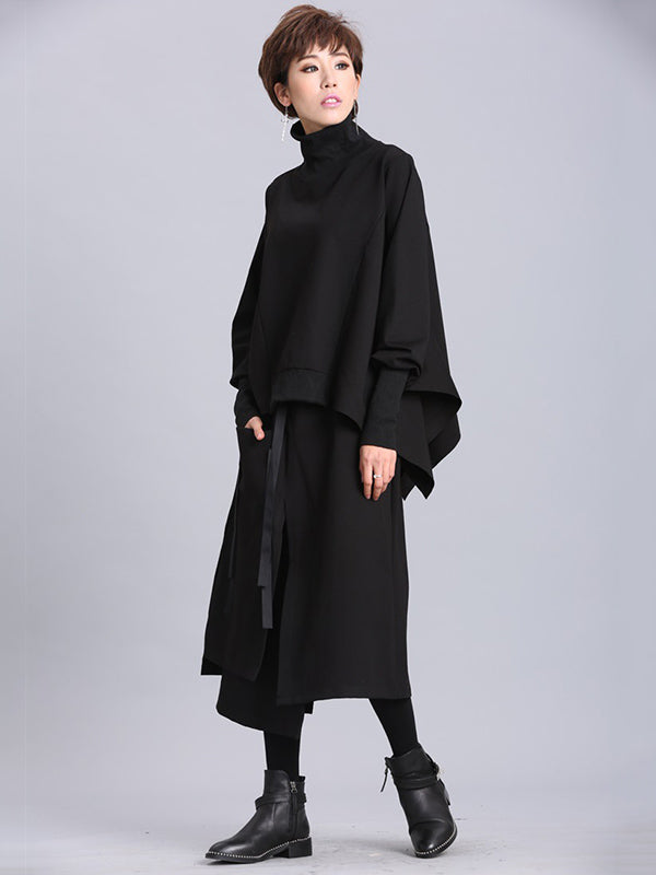 Solid Color Asymmetric High-Neck Loose Batwing Sleeve Sweatshirt