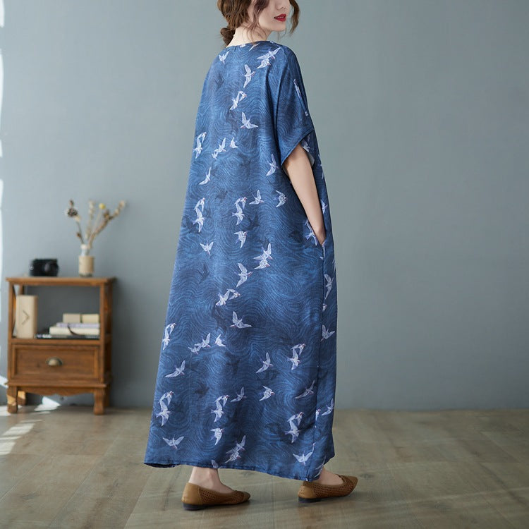 Vintage Print V-neck Short Sleeve Maxi Dress