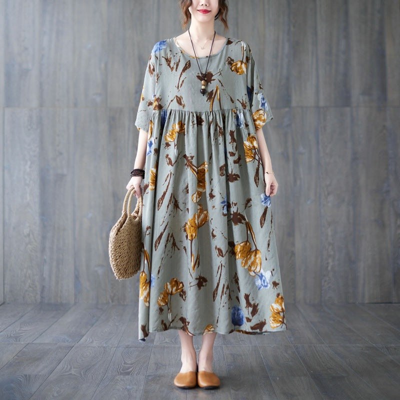Literary Floral Print Short Sleeve Midi Dress