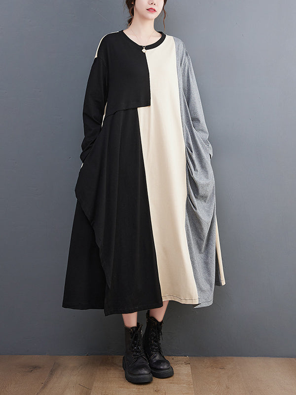 Loose Color Blocking Splicing Round Neck Midi Dress