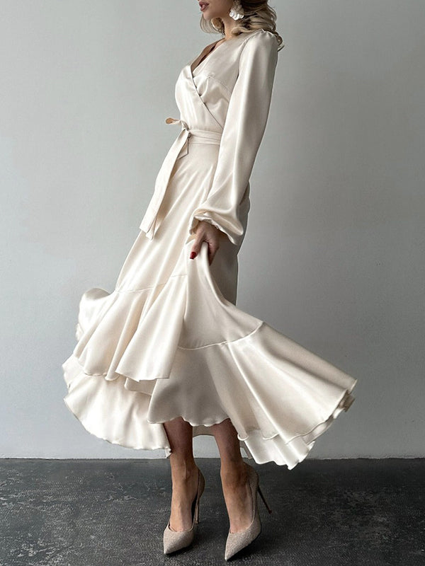 Loose Puff Sleeves Asymmetric Pleated Solid Color Split-Joint Tied Waist V-Neck Maxi Dresses Shirt Dress