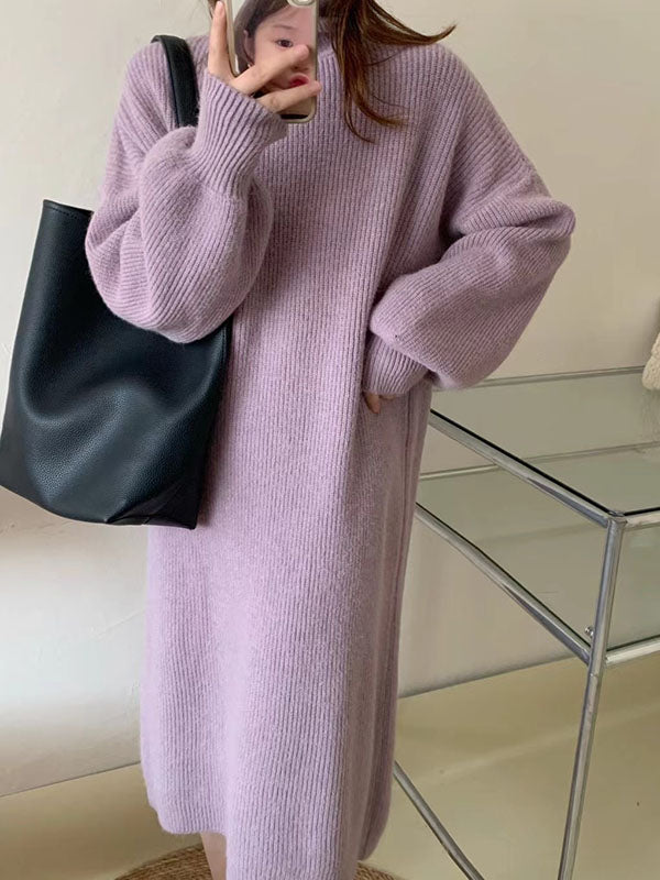 Long Sleeves Loose Solid Color High Neck Midi Dresses Sweater Dresses