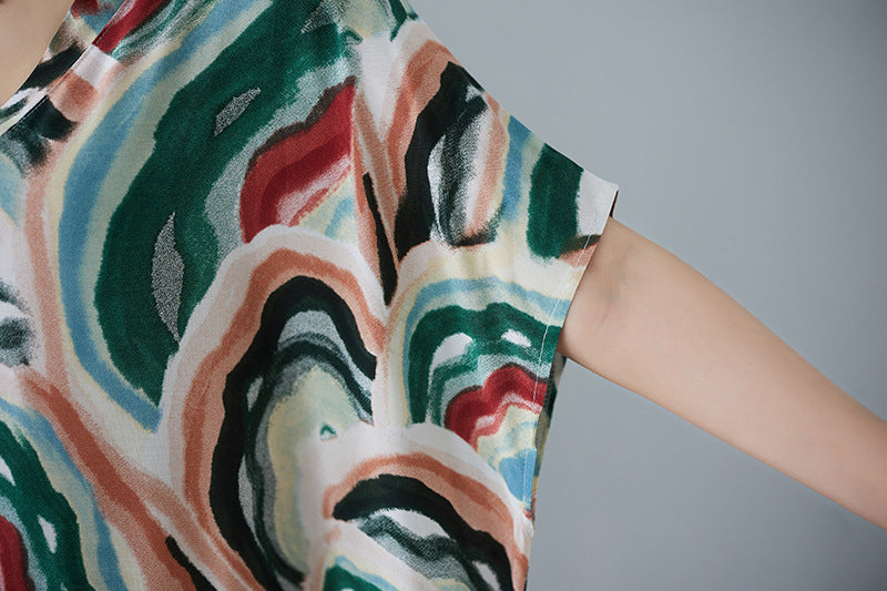 Vintage V-Neck Holiday Style Loose Printed Dress