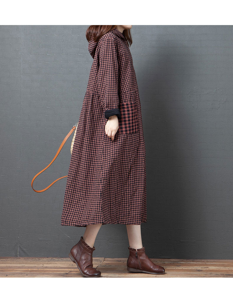 Loose Splicing Hooded Plaid Midi Dress