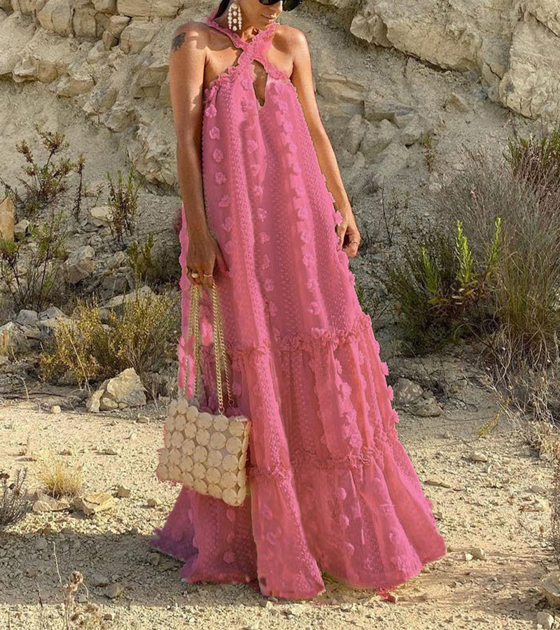 Fashion Hanging Neck Decorative Flowers Mopping Cake Dress