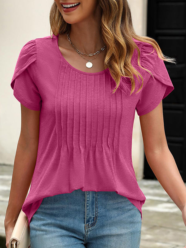 Loose Short Sleeves Pleated Solid Color Round-Neck T-Shirts Tops