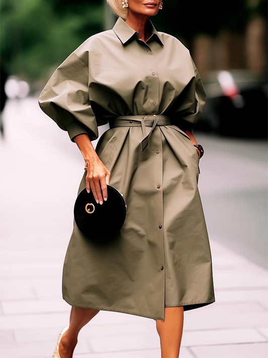 Loose Three-Quarter Sleeves Buttoned Solid Color Tied Waist Lapel Midi Dresses Shirt Dress