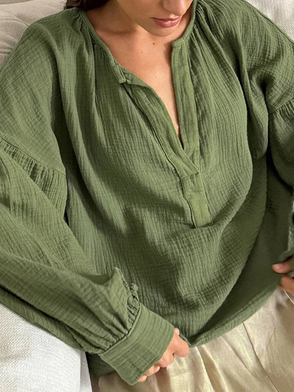 Loose Puff Sleeves Pleated Solid Color Split-Joint V-Neck Blouses&Shirts Tops