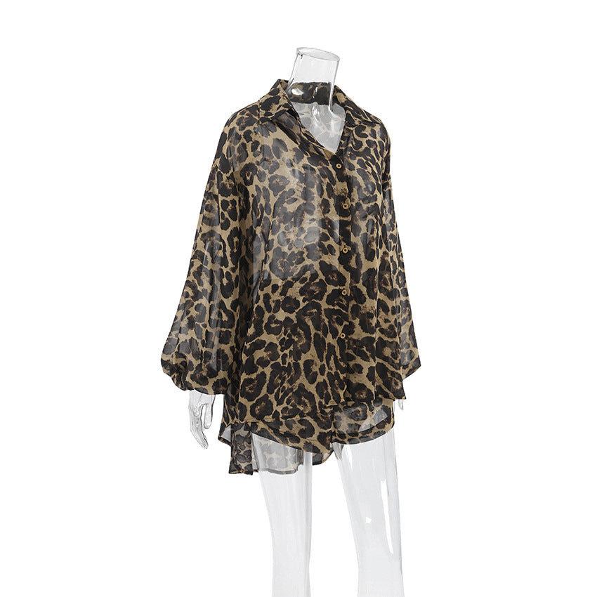 Fashion Leopard Print Long Sleeve Shirt & Shorts Two-Piece Set