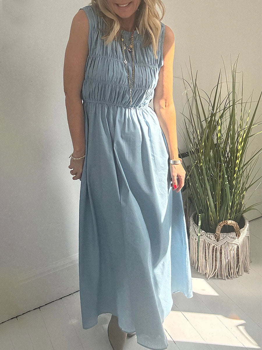 Sleeveless pleated cotton and linen dress