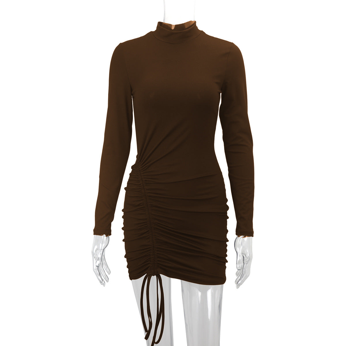 Autumn and Winter new women's clothing high-necked long sleeve drawstring hip skirt sexy dress