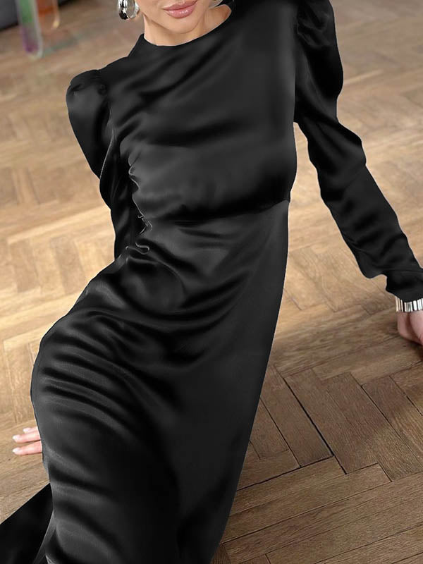 A-Line Long Sleeves Pleated Solid Color Zipper Round-Neck Midi Dresses