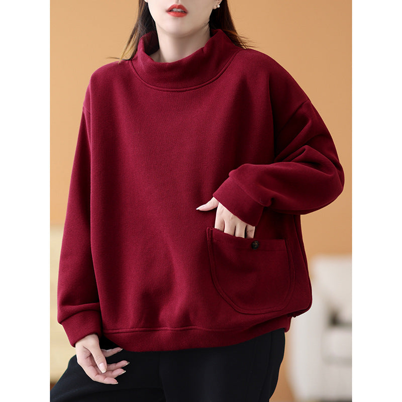 Casual Solid Color High Collar Velvet Sweatshirt