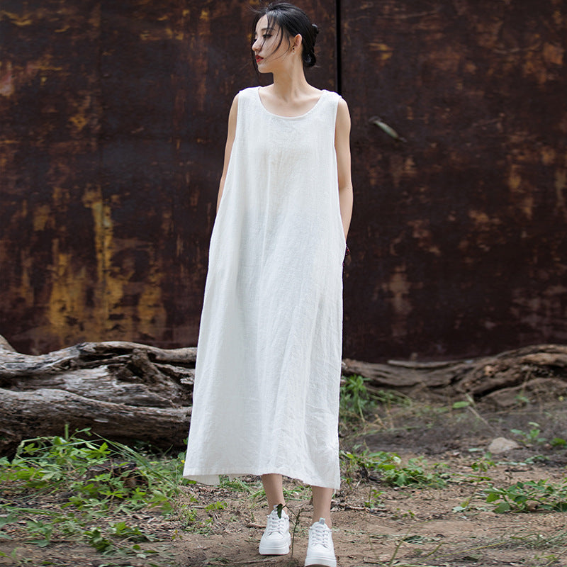 Simple Ramie Sleeveless Lace-up Midi Dress