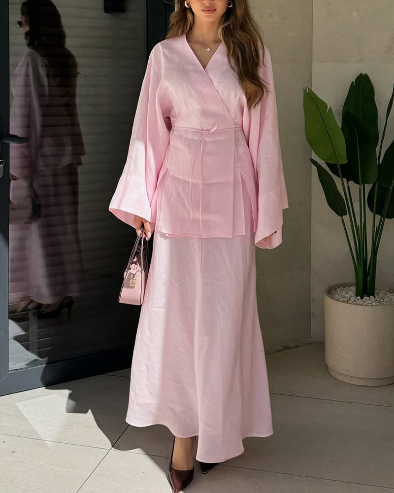 Casual V-Neck Split Shirt & Skirt Two-Piece Set