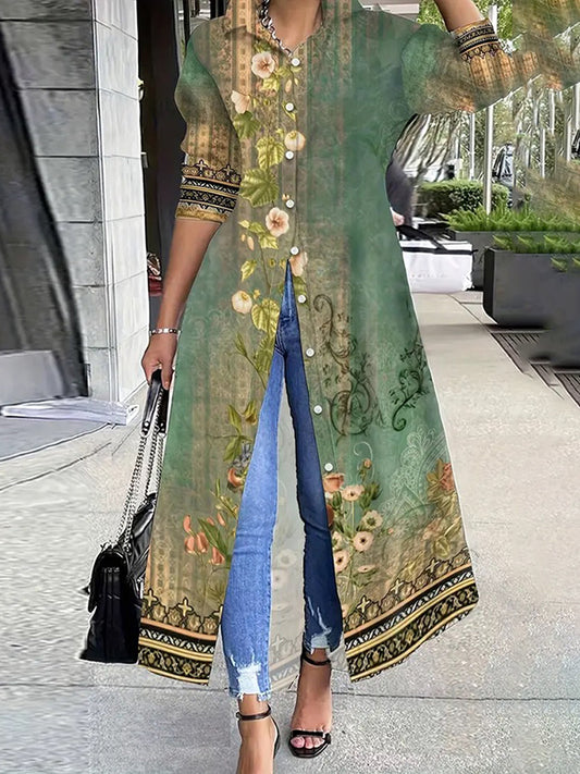 Long Sleeves Loose Buttoned Flower Print Split-Joint Lapel Maxi Dresses Outerwear Shirt Dress
