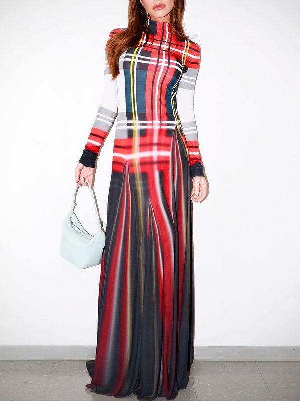 Long Sleeves Contrast Color Pleated Mock Neck Maxi Dresses