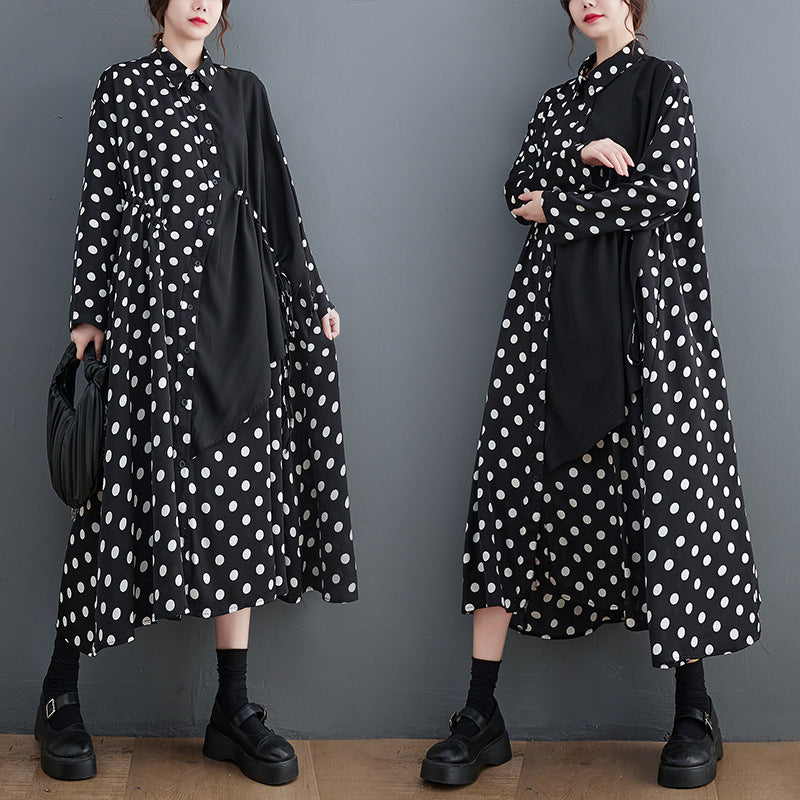Literary Polka Dot Print Splicing Midi Dress