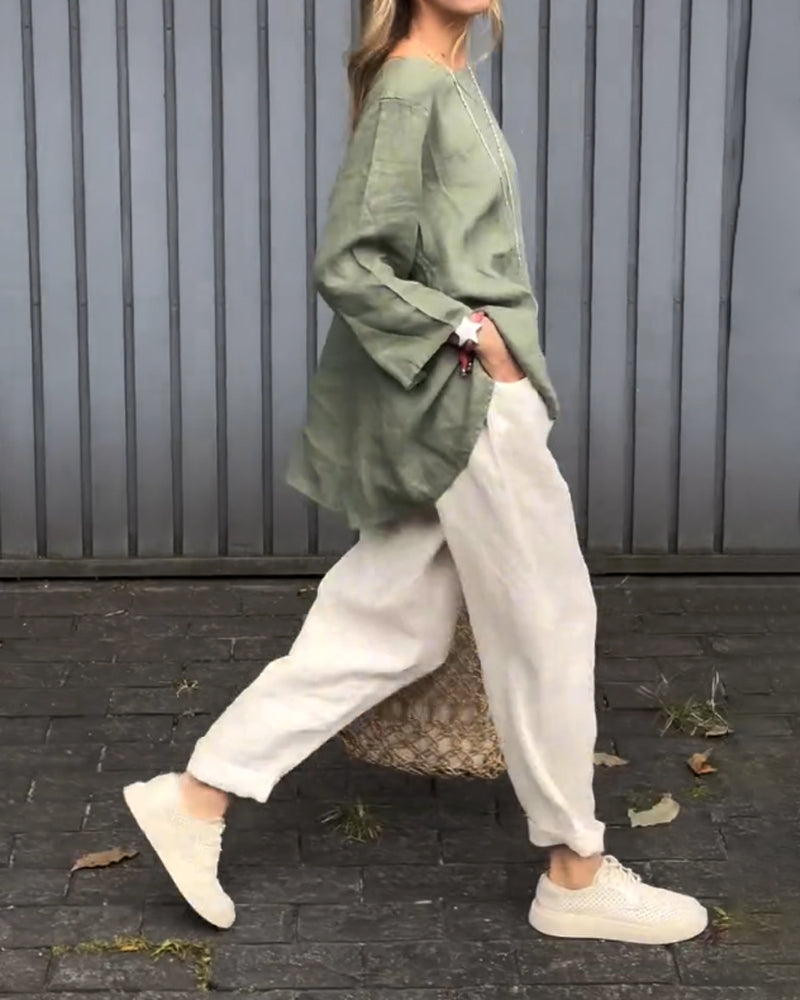 Casual Round Neck Top & Pants Two-Piece Set