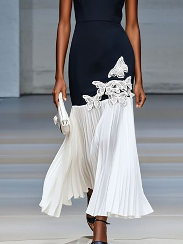 Bodycon High Waisted Butterfly Pleated V-Neck Maxi Dresses