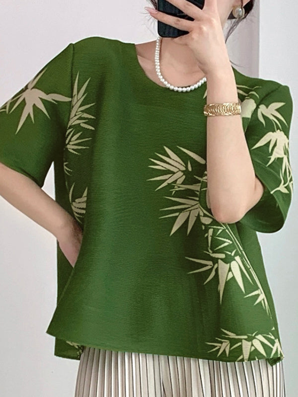 A-Line Half Sleeves Pleated Printed Round-Neck T-Shirts Tops