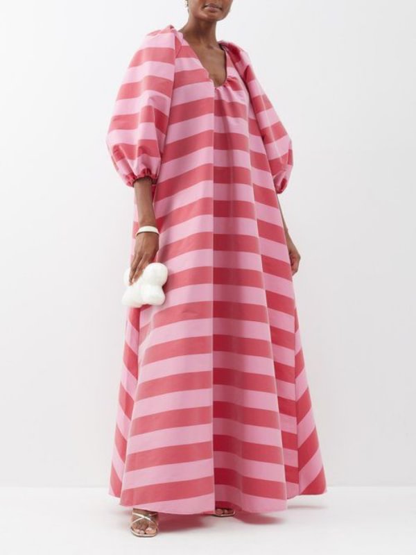 Elegant Striped Puff Sleeve Maxi Dress