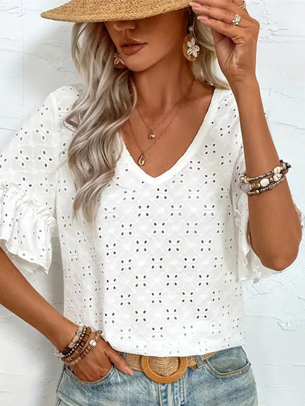 Half Sleeves Loose Hollow Pleated Ruffled Solid Color V-Neck T-Shirts