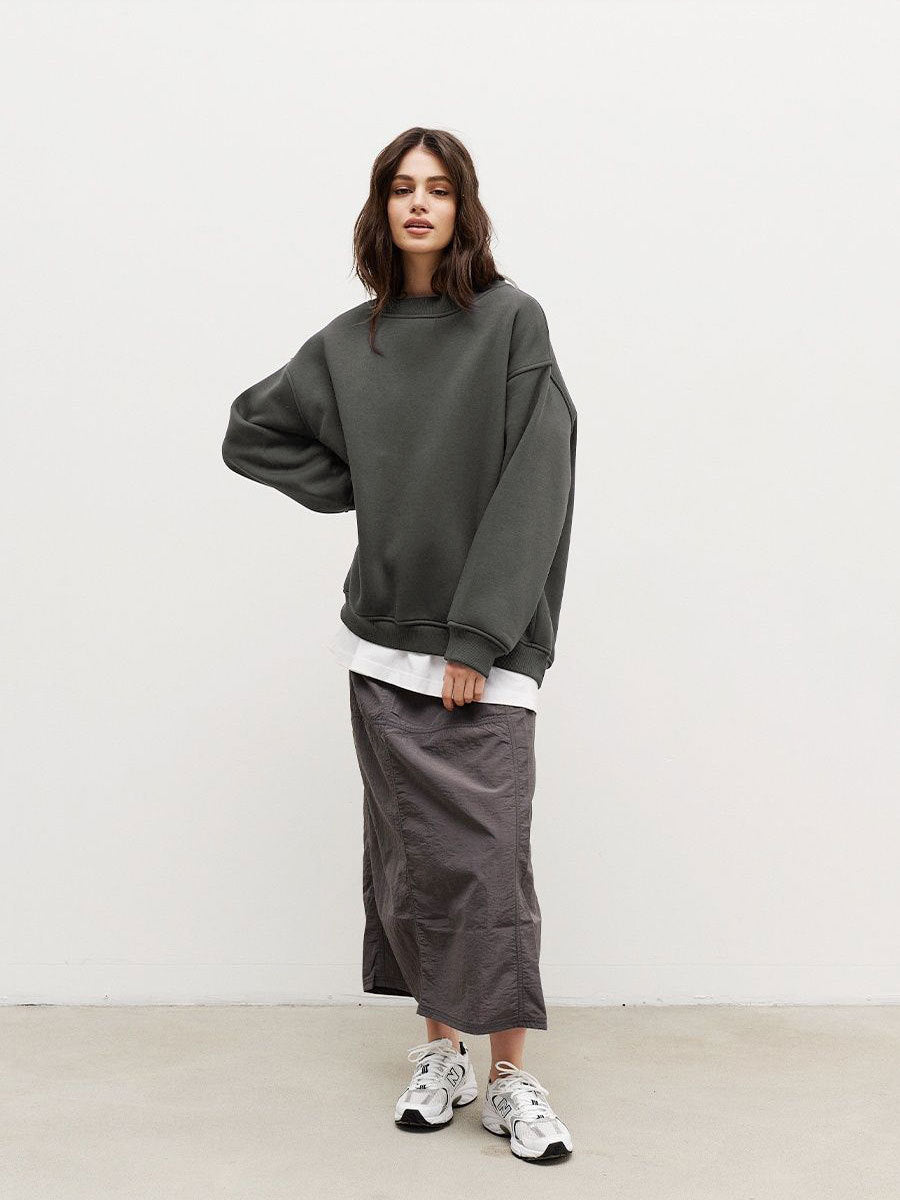 Round neck loose sweatshirt women's autumn winter Street solid color Oversize polar fleece pullover top