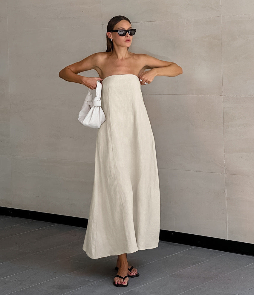 Vacation Cotton-Linen Solid Sheath Backless Maxi Dress