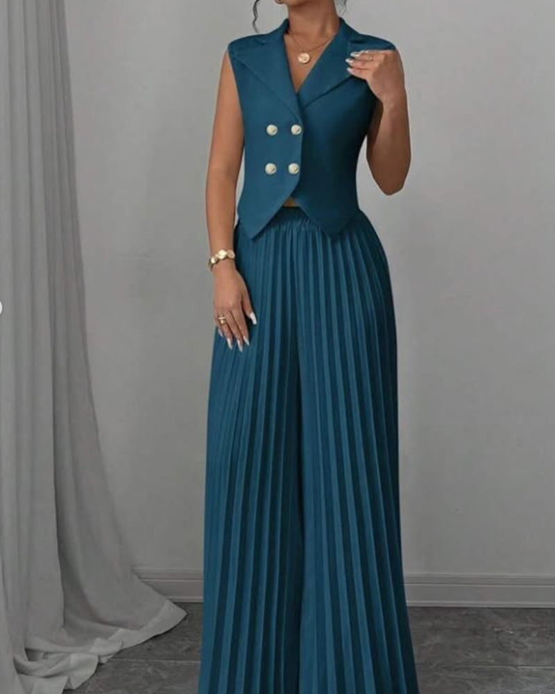 Fashion Vest Pleated Skirt Trouser Set