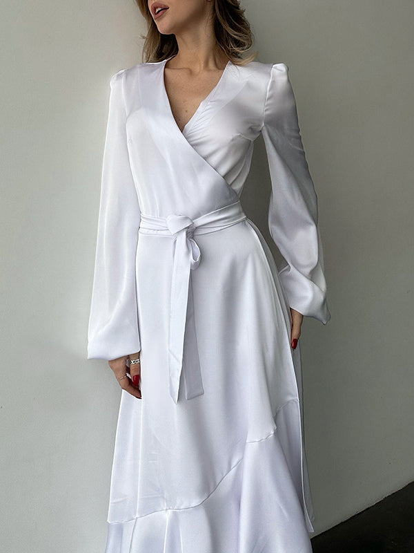 Loose Puff Sleeves Asymmetric Pleated Solid Color Split-Joint Tied Waist V-Neck Maxi Dresses Shirt Dress