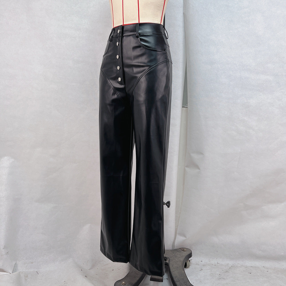 Autumn and Winter high waist leather stitching trousers for women casual straight pants leather pants