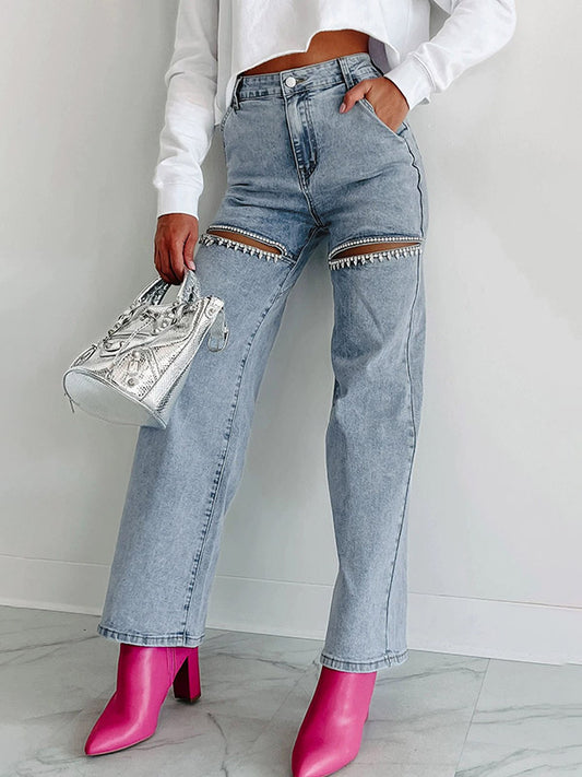 High Waisted Straight Leg Ripped Split-Joint Jean Pants Bottoms