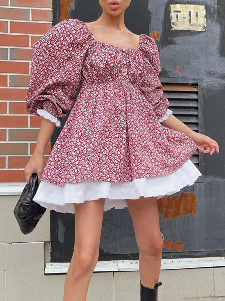Square Neck Puff Sleeve Flower Mini Dress
