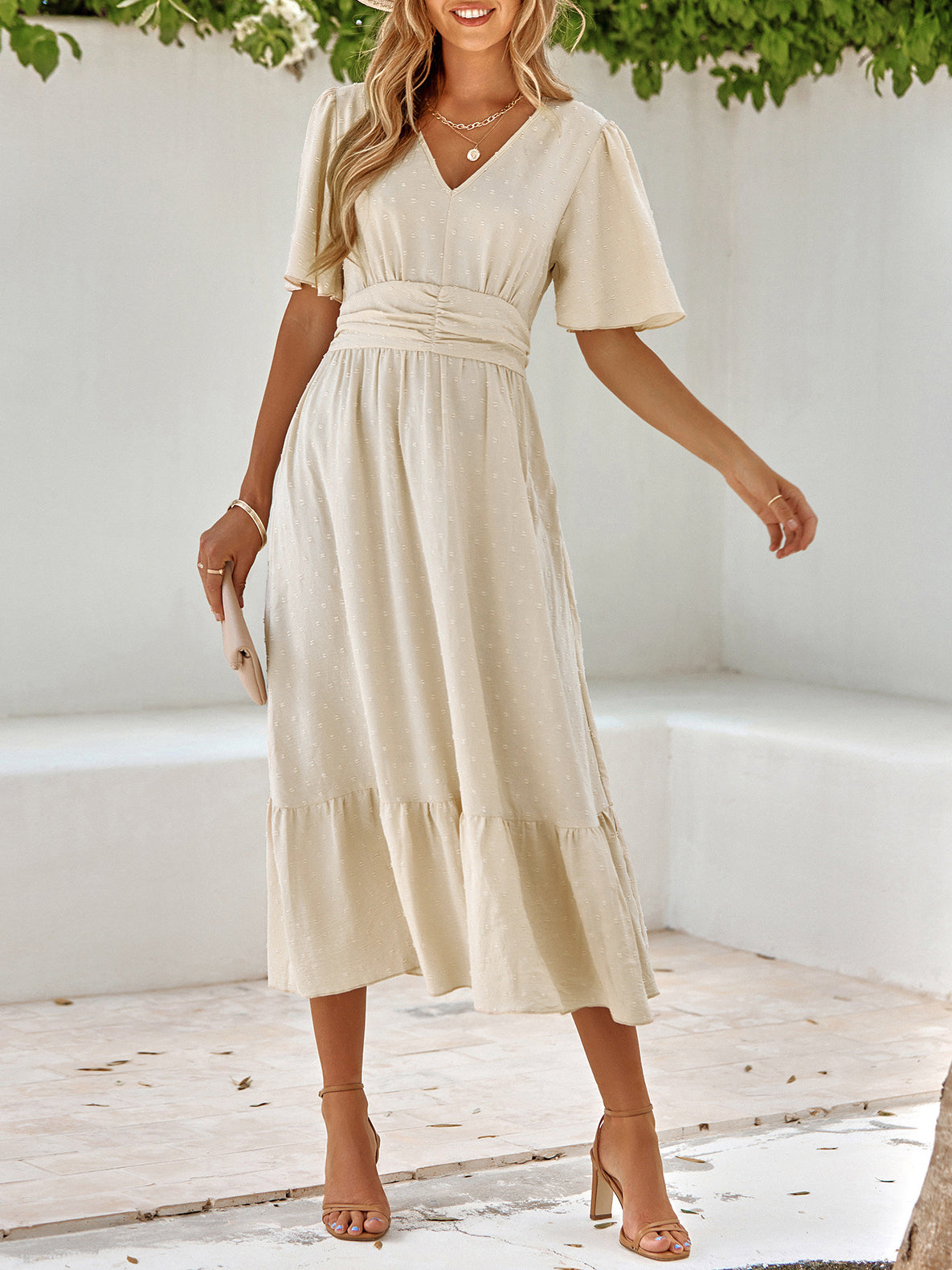 V Neck Ruffle Sleeve Solid Color Maxi Dress