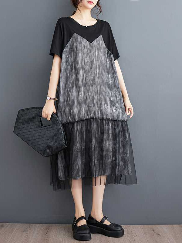 Literary Mesh Splicing Short Sleeve Midi Dress