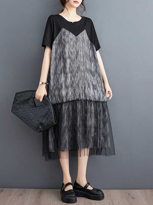 Literary Mesh Splicing Short Sleeve Midi Dress