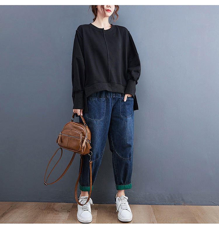 Asymmetric Solid Color Round Neck Long Sleeve Sweater