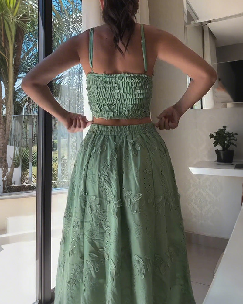 Floral Jacquard Strap Top Skirt Two-Piece Set