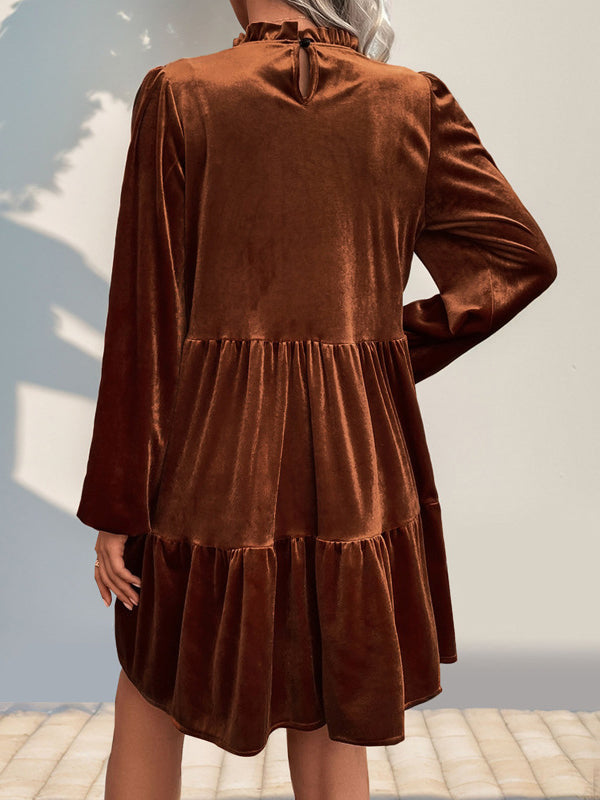 A-Line Long Sleeves Pleated Solid Color Split-Joint Velvet Mock Neck Mini Dresses