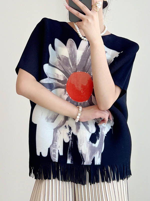 Batwing Sleeves Loose Flower Print Pleated Tasseled Round-Neck T-Shirts Tops