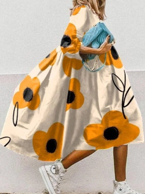 Vintage Floral Print High Low Hem A-Line Midi Dress