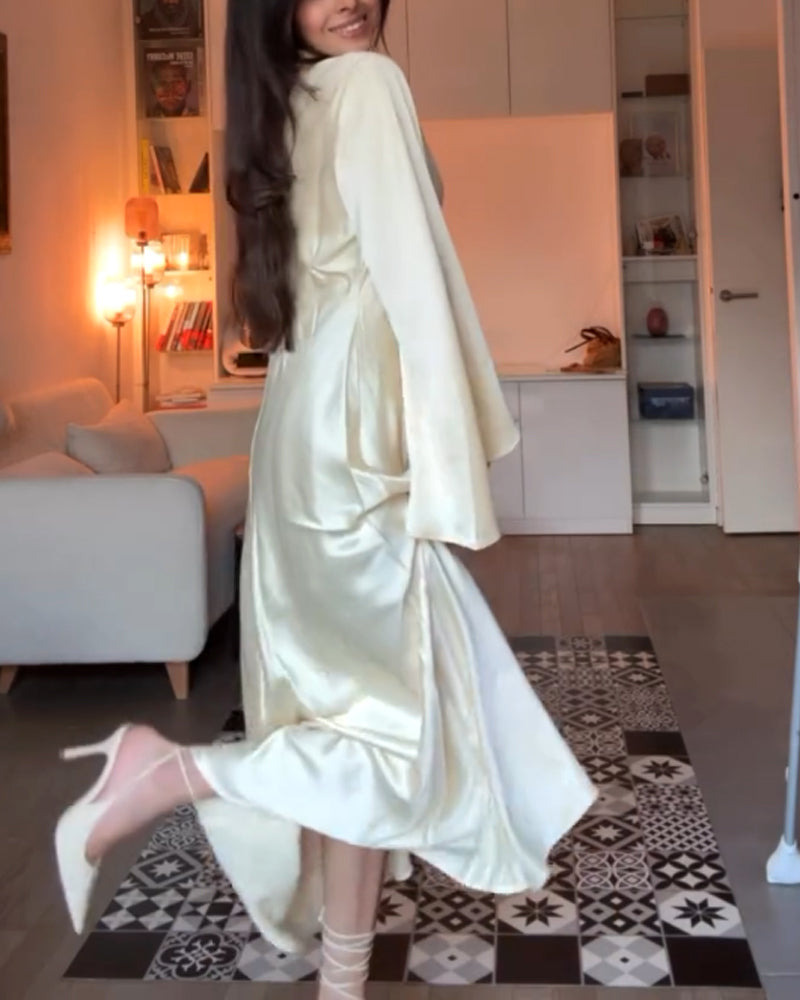 Elegant Solid Color V-Neck Horn Sleeve Dress