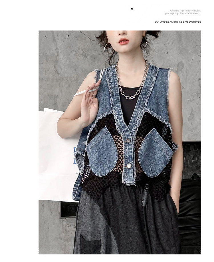Vintage Mesh Splicing Denim Vest