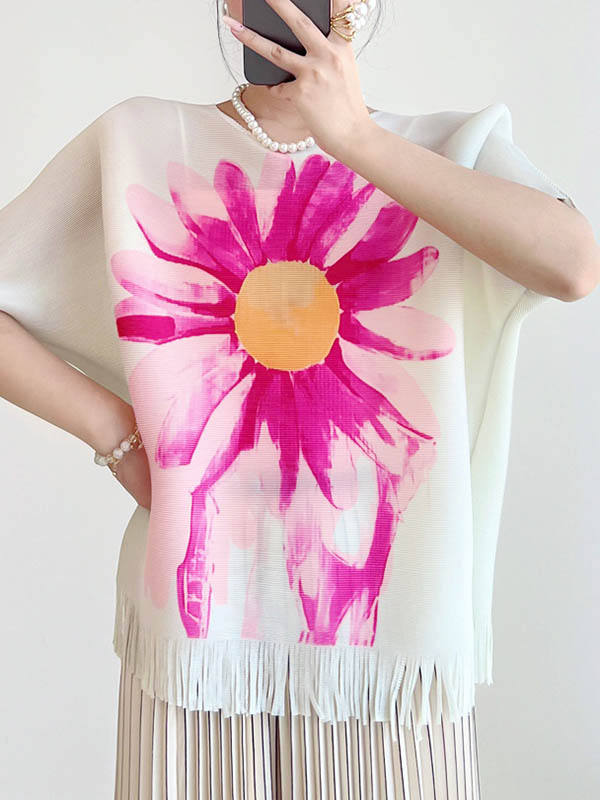 Batwing Sleeves Loose Flower Print Pleated Tasseled Round-Neck T-Shirts Tops