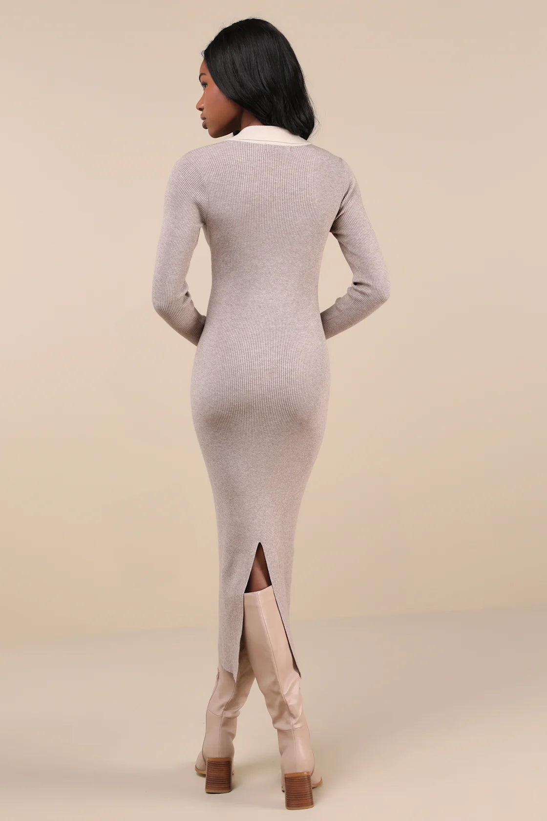 Women Taupe Color Block Ribbed Knit Midi Sweater Dress